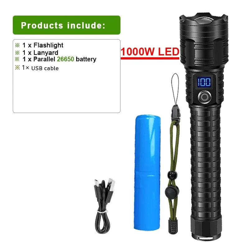 F313 Powerful LEP Flashlight 18650 or 21700 Battery Zoom Torch Strong Light Long Range Flashlight with Tail Rope Power Indicator