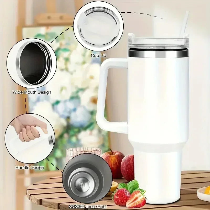 NEW 40oz Stainless Steel Water Bottle with Handle Lid Straw Vacuum Thermos Cup Car Coffee Mug Personalized Tumbler