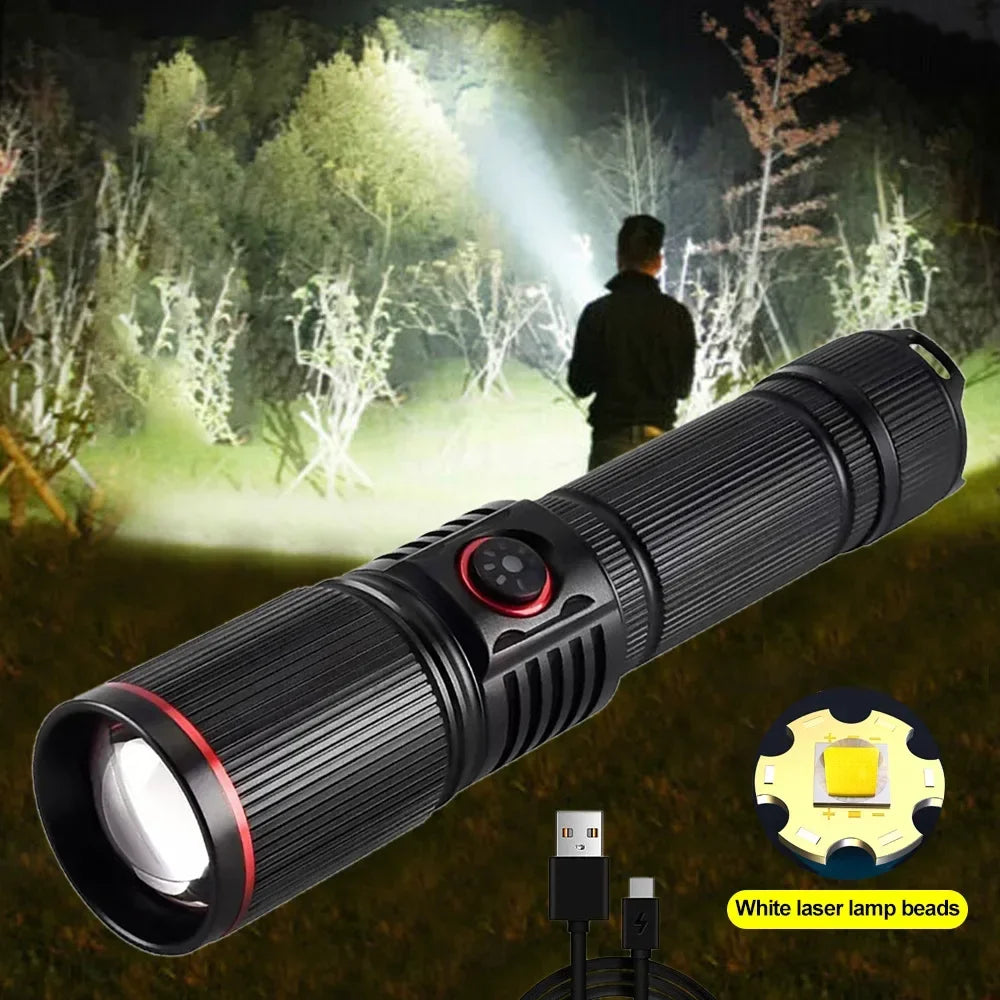 F313 Powerful LEP Flashlight 18650 or 21700 Battery Zoom Torch Strong Light Long Range Flashlight with Tail Rope Power Indicator