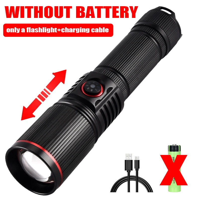 F313 Powerful LEP Flashlight 18650 or 21700 Battery Zoom Torch Strong Light Long Range Flashlight with Tail Rope Power Indicator