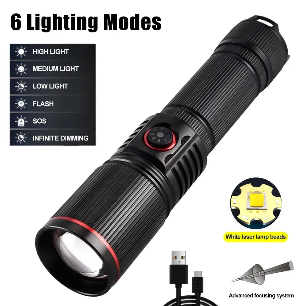 F313 Powerful LEP Flashlight 18650 or 21700 Battery Zoom Torch Strong Light Long Range Flashlight with Tail Rope Power Indicator