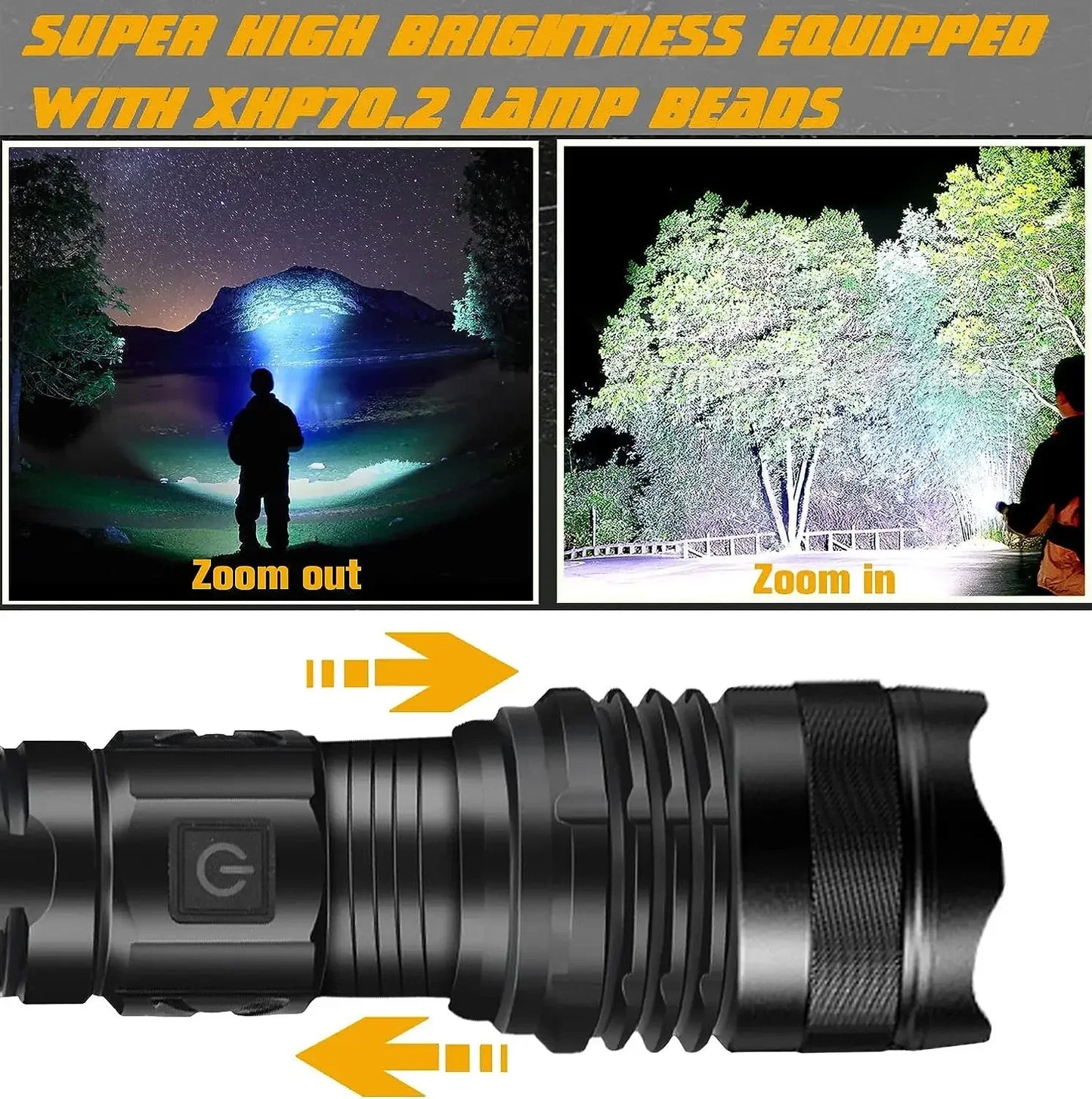 F313 Powerful LEP Flashlight 18650 or 21700 Battery Zoom Torch Strong Light Long Range Flashlight with Tail Rope Power Indicator