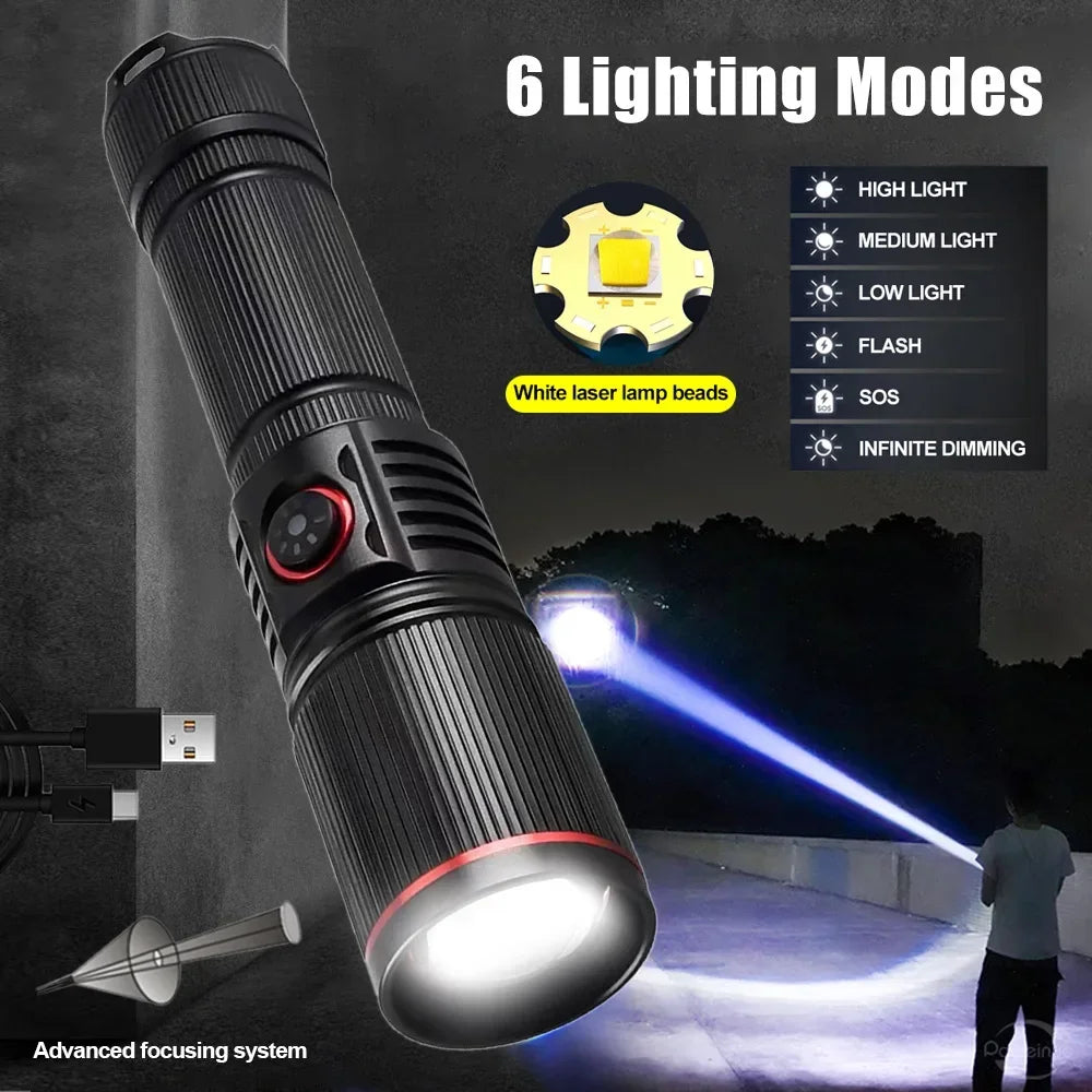 F313 Powerful LEP Flashlight 18650 or 21700 Battery Zoom Torch Strong Light Long Range Flashlight with Tail Rope Power Indicator