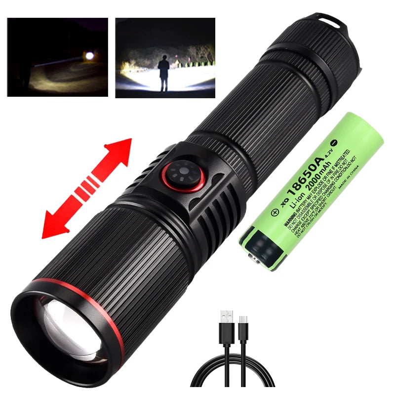 F313 Powerful LEP Flashlight 18650 or 21700 Battery Zoom Torch Strong Light Long Range Flashlight with Tail Rope Power Indicator