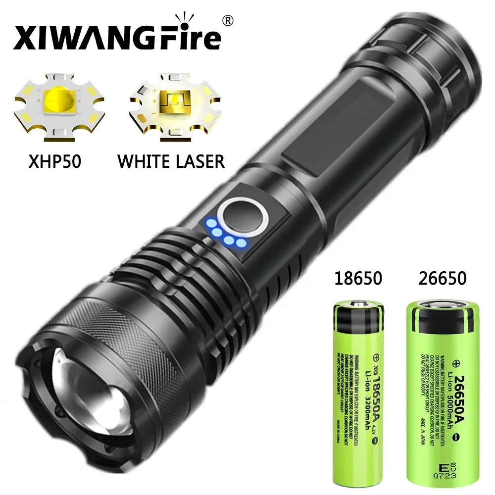 F313 Powerful LEP Flashlight 18650 or 21700 Battery Zoom Torch Strong Light Long Range Flashlight with Tail Rope Power Indicator