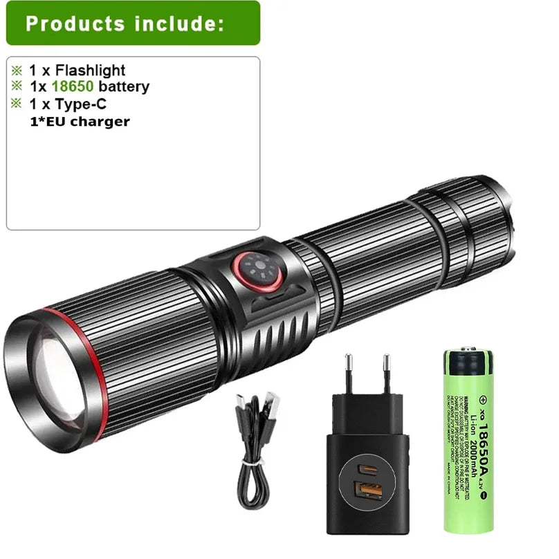 F313 Powerful LEP Flashlight 18650 or 21700 Battery Zoom Torch Strong Light Long Range Flashlight with Tail Rope Power Indicator