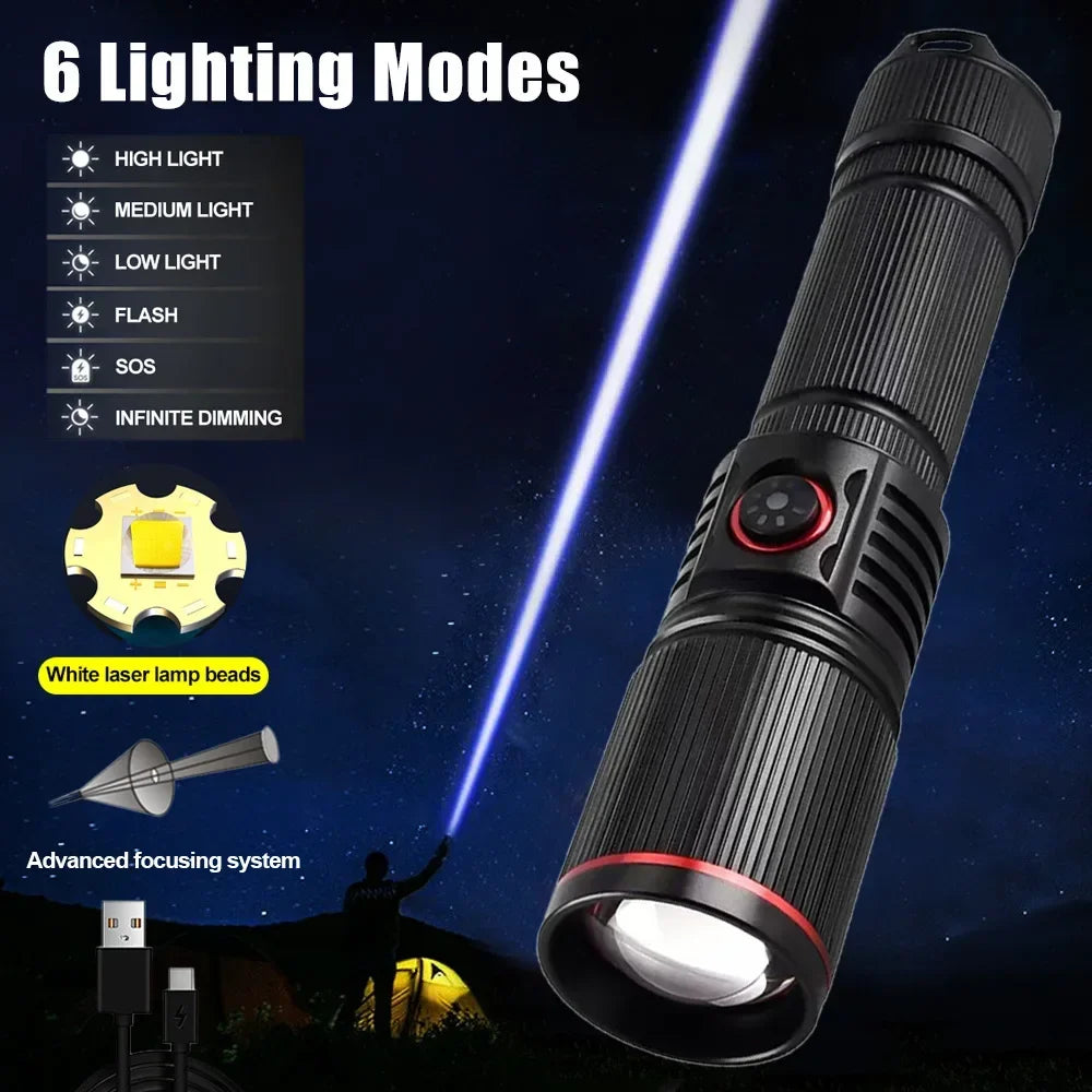 F313 Powerful LEP Flashlight 18650 or 21700 Battery Zoom Torch Strong Light Long Range Flashlight with Tail Rope Power Indicator