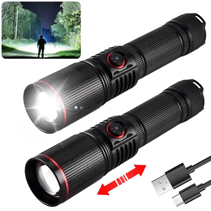 F313 Powerful LEP Flashlight 18650 or 21700 Battery Zoom Torch Strong Light Long Range Flashlight with Tail Rope Power Indicator