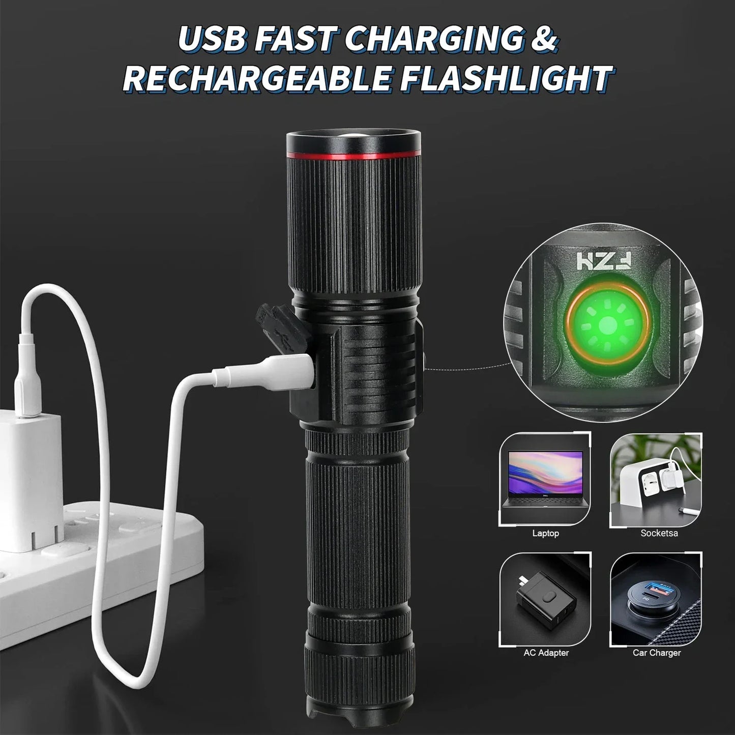 F313 Powerful LEP Flashlight 18650 or 21700 Battery Zoom Torch Strong Light Long Range Flashlight with Tail Rope Power Indicator