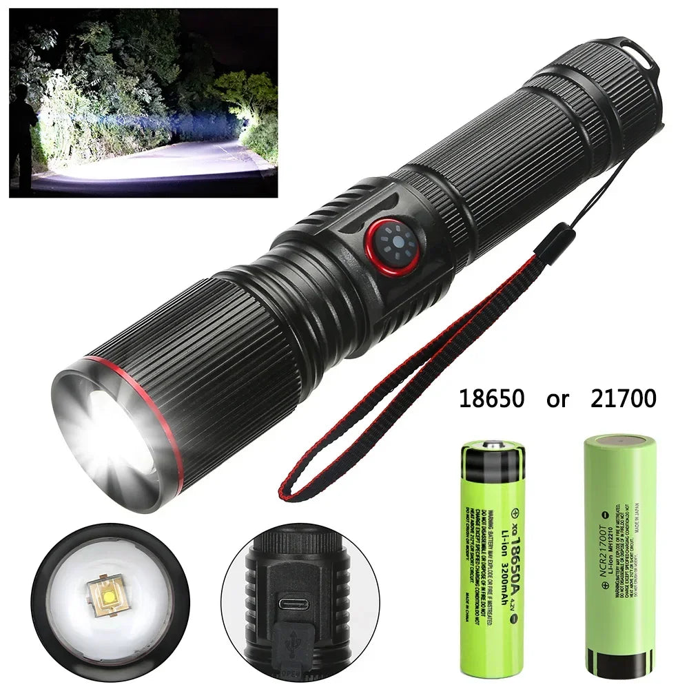 F313 Powerful LEP Flashlight 18650 or 21700 Battery Zoom Torch Strong Light Long Range Flashlight with Tail Rope Power Indicator