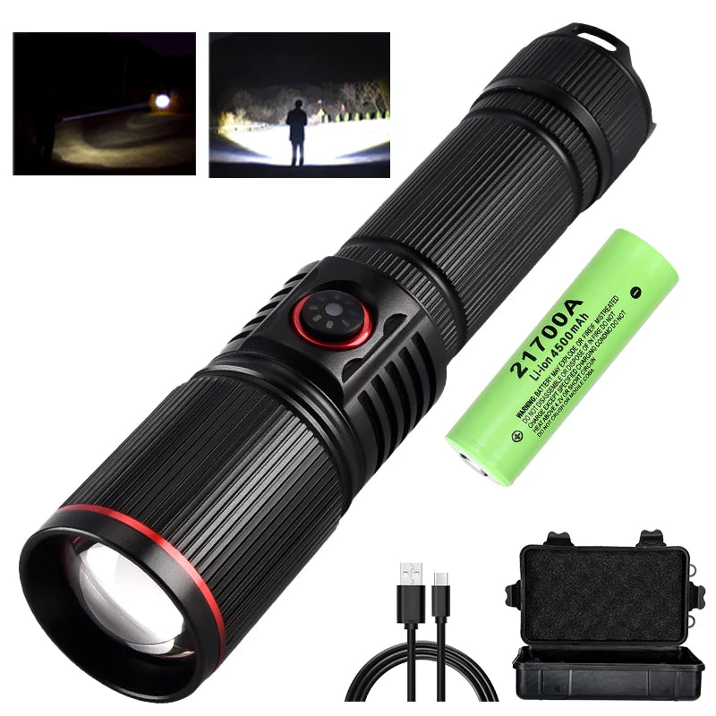 F313 Powerful LEP Flashlight 18650 or 21700 Battery Zoom Torch Strong Light Long Range Flashlight with Tail Rope Power Indicator