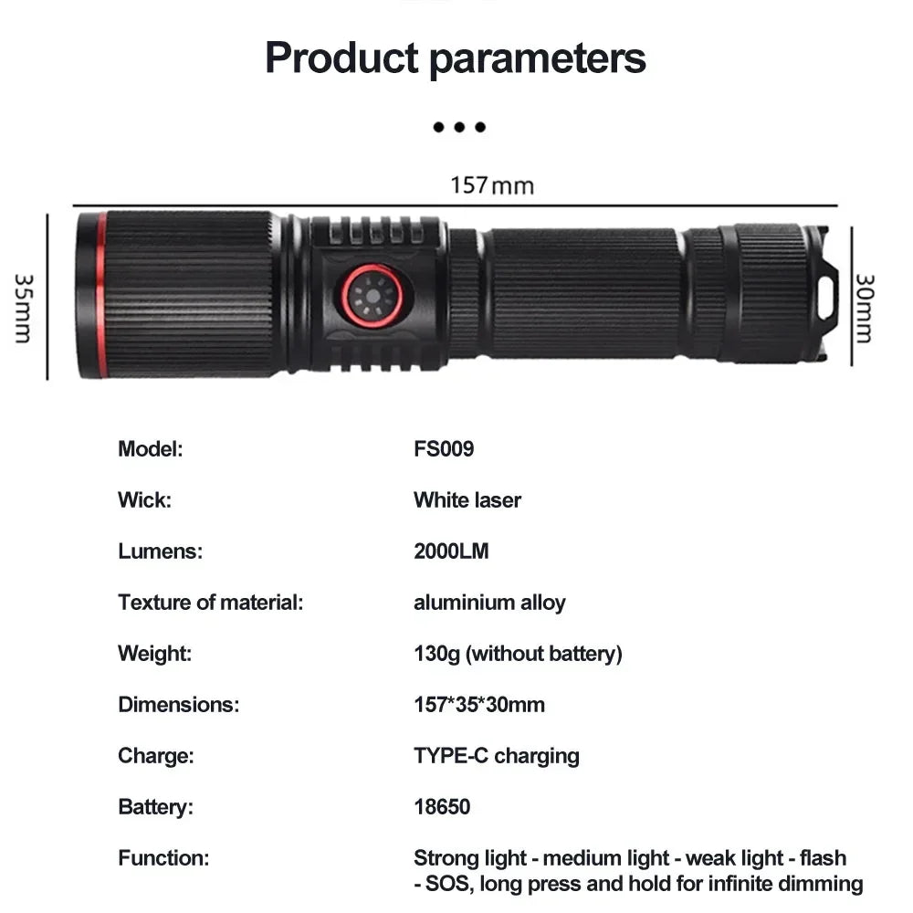 F313 Powerful LEP Flashlight 18650 or 21700 Battery Zoom Torch Strong Light Long Range Flashlight with Tail Rope Power Indicator