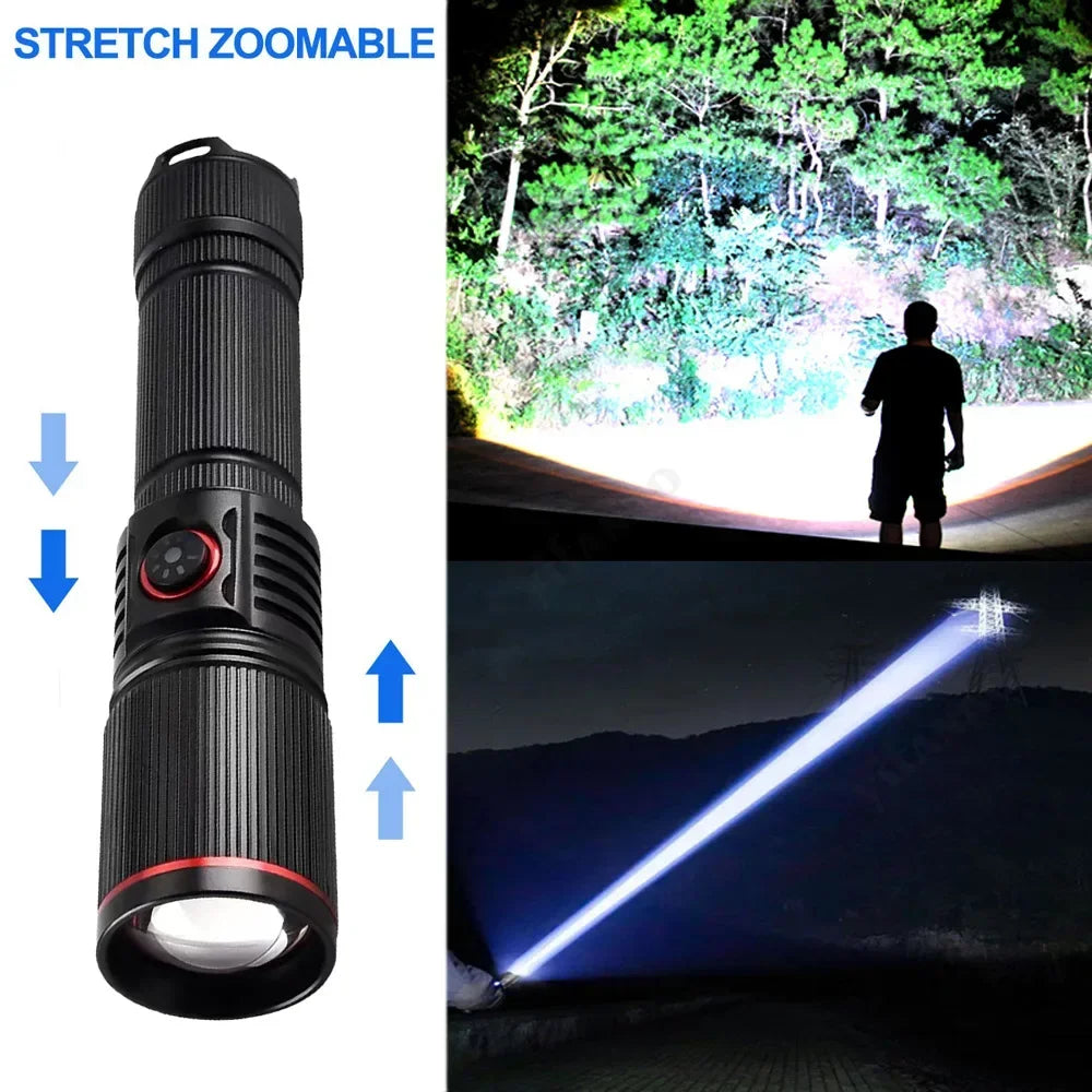 F313 Powerful LEP Flashlight 18650 or 21700 Battery Zoom Torch Strong Light Long Range Flashlight with Tail Rope Power Indicator