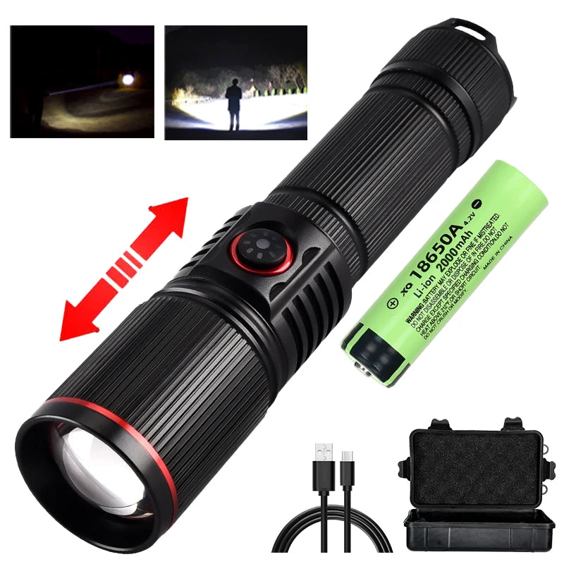 F313 Powerful LEP Flashlight 18650 or 21700 Battery Zoom Torch Strong Light Long Range Flashlight with Tail Rope Power Indicator