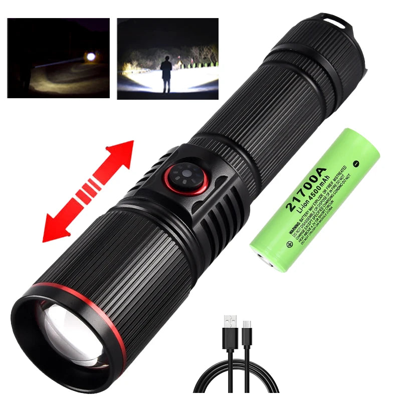 F313 Powerful LEP Flashlight 18650 or 21700 Battery Zoom Torch Strong Light Long Range Flashlight with Tail Rope Power Indicator